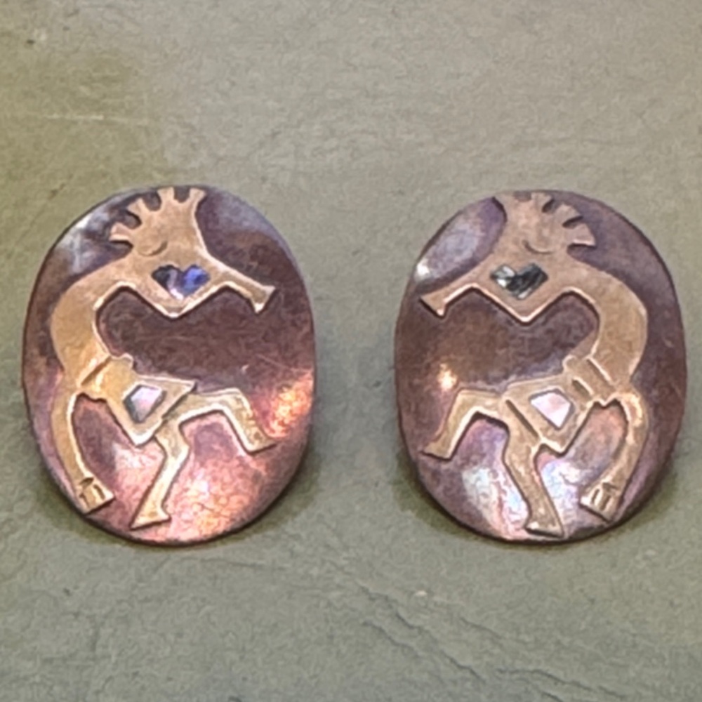 Copper, brass & Abalone inlaid Kokopeli pierced Earrings. Vintage. Southwestern